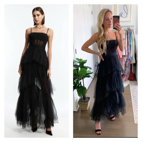 BCBGMaxAzria Black Corset Tulle Tiered Ruffle Formal Maxi Gown Size US 6 NWT - Picture 2 of 13